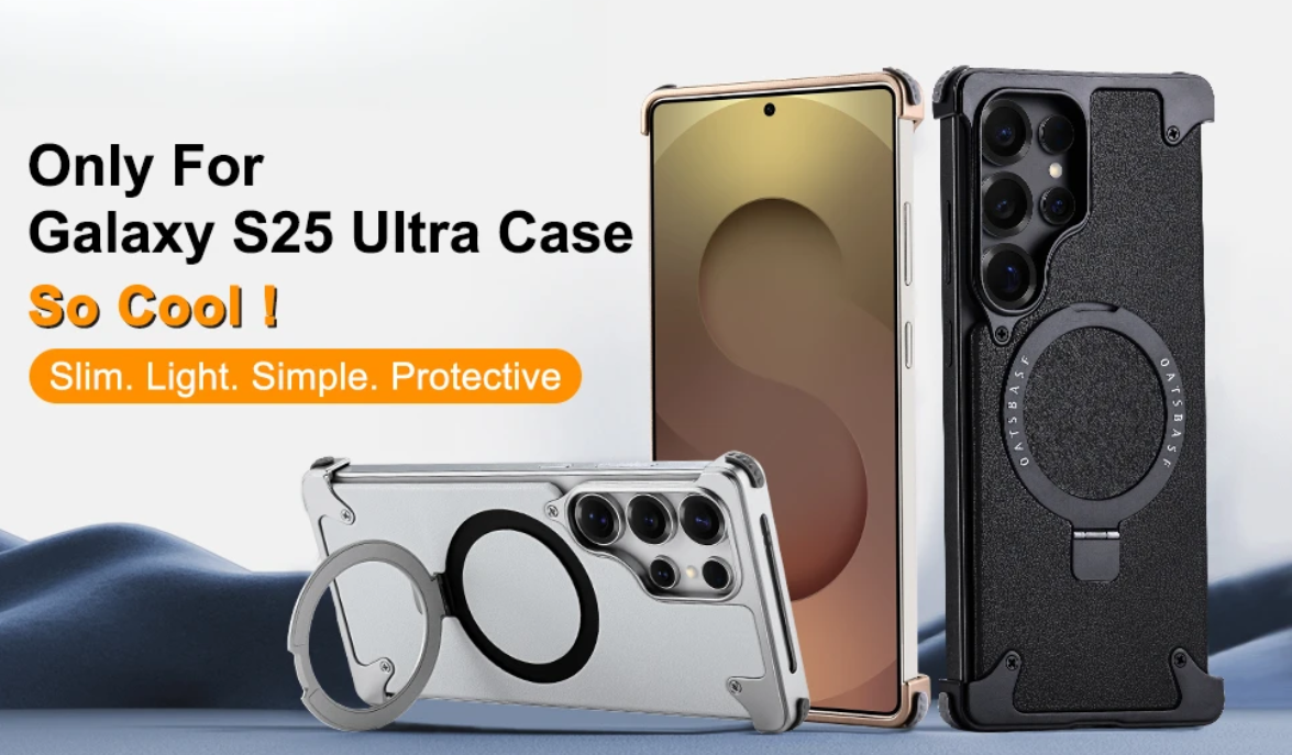 Oatsbasf Magnetic Frameless Phone Case for Samsung Galaxy S25 Ultra with Stand Adjustable Genuine Leather Shockproof Phone Cover