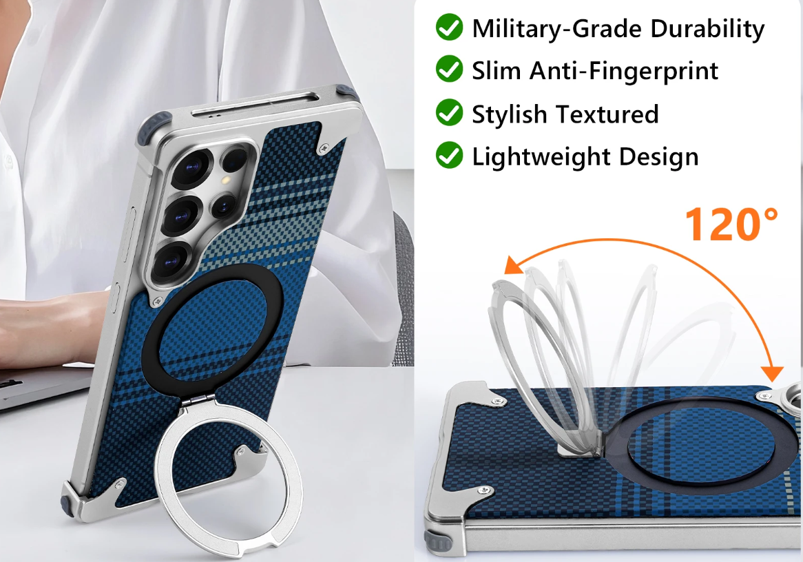 Oatsbasf Magnetic Phone Case for Samsung Galaxy S25 Ultra with Ring Stand Kevlar Fiber Texture S25 Ultra Phone Case Shockproof